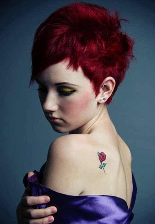 Red and choppy pixie cut