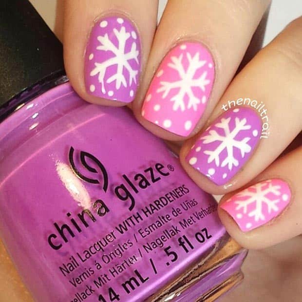 Pink Winter Snowflake Nail Design for Short Nails