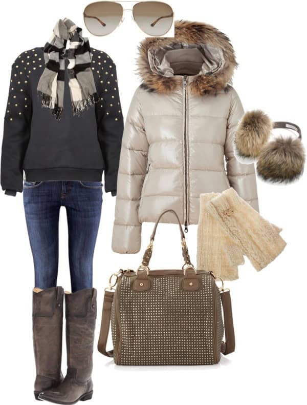 Fur trimmed bomber jacket, studded sweatshirt and ear muffs