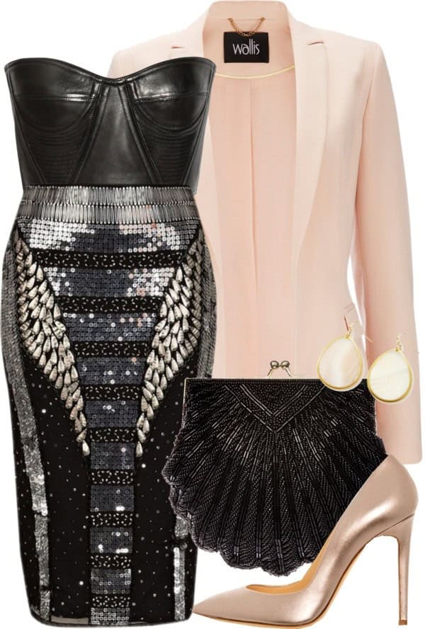 Leather bustier, beaded pencil skirt and blazer