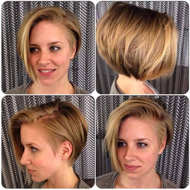 Dark blonde angled bob with low side part (for thick hair)