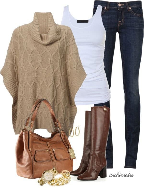 Taupe sweater with brown purse and boots