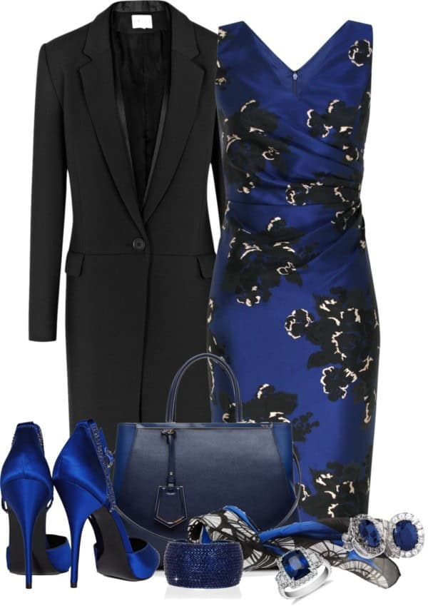 Dark floral printed dress and tuxedo jacket