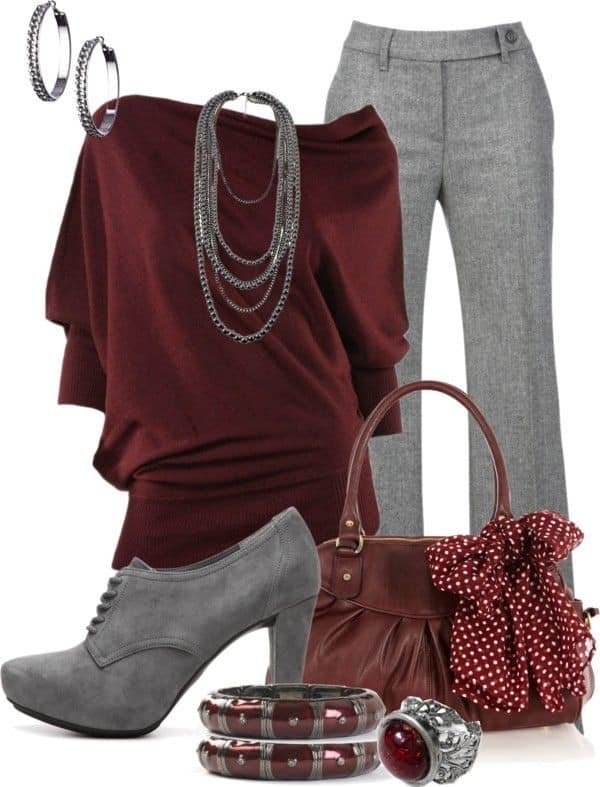 Burgundy top and grey slacks