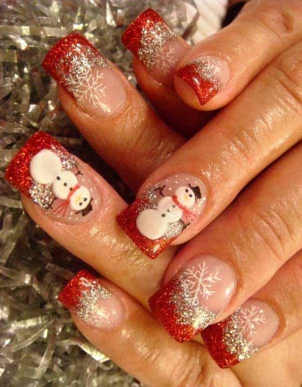 Glitter Snowman and Flake Nails for Christmas