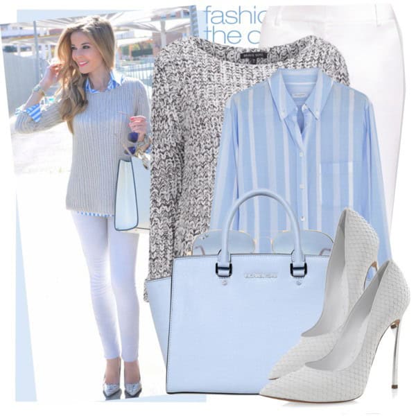 Outfits for Fall: Baby blue striped shirt, grey sweater and white pants