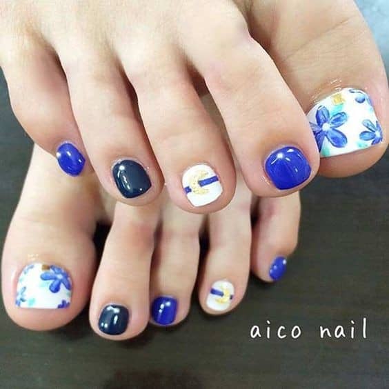 Beautiful Blue Floral Pedicure Design