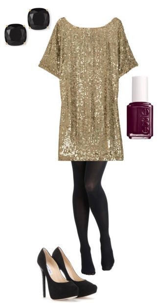 Gold sequin shirt dress and black opaque tights