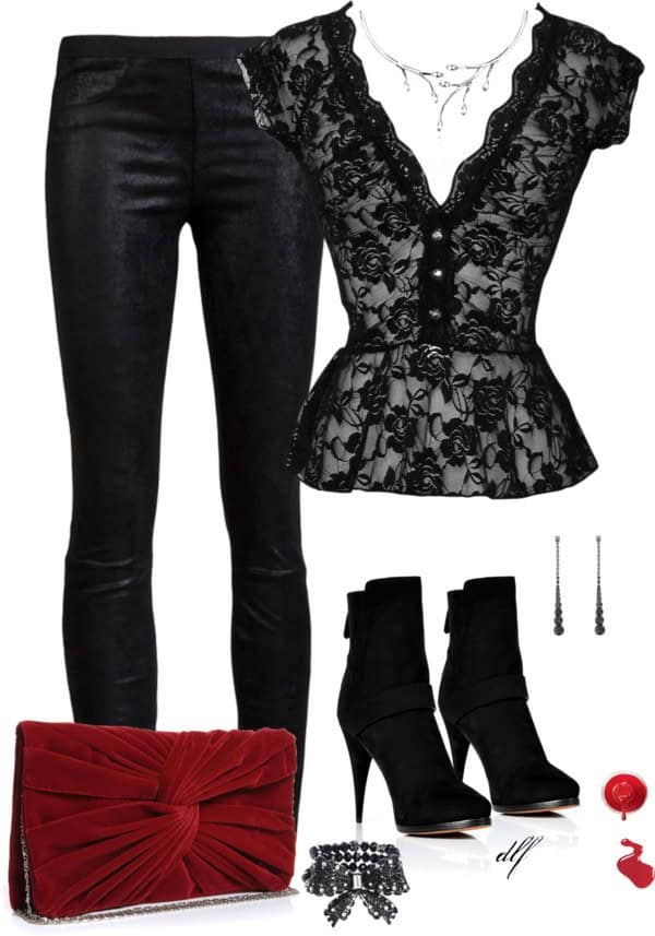 Black lace top, black suede fitted pants and red velvet clutch