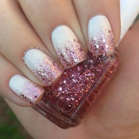 White Nail Design with Pink Glitter