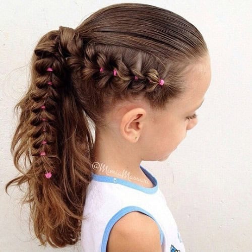 Low side braid with ponytail and mini-ponytail holders