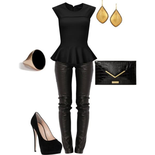 Black peplum top with matching leather pants and clutch