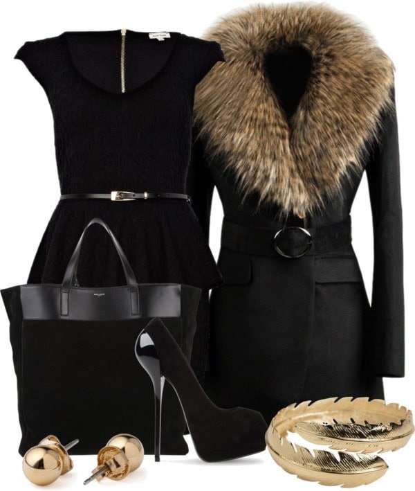 All black with black dress coat with fur collar