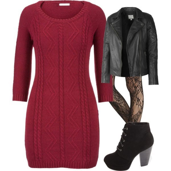 Cable knit sweater dress with lace stockings