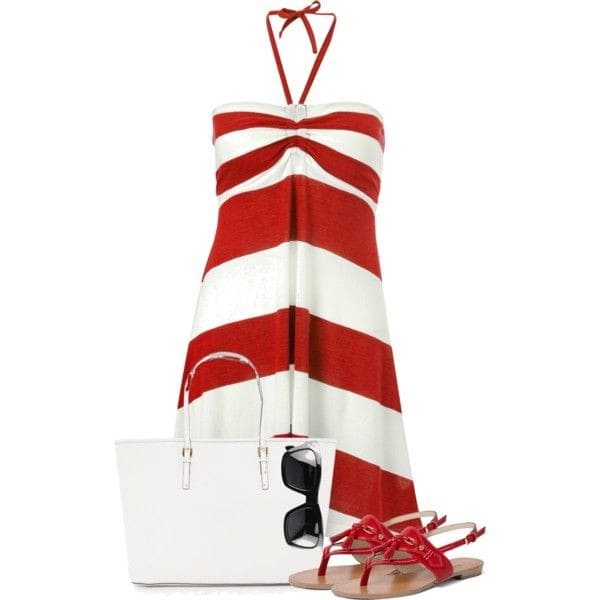 Red-and-white halter dress and red sandals