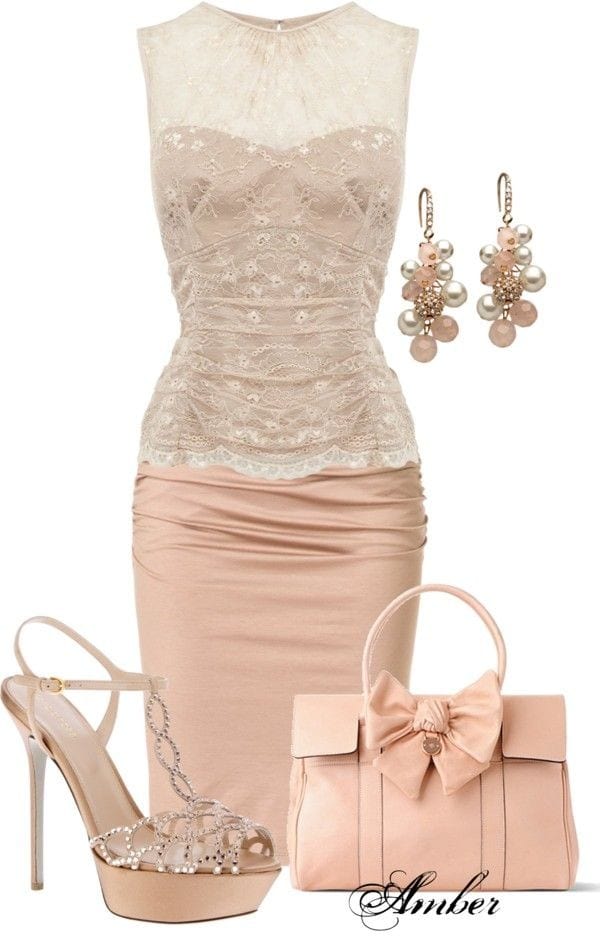 Taupe and off-white sleeveless lace top and rose gold pencil skirt