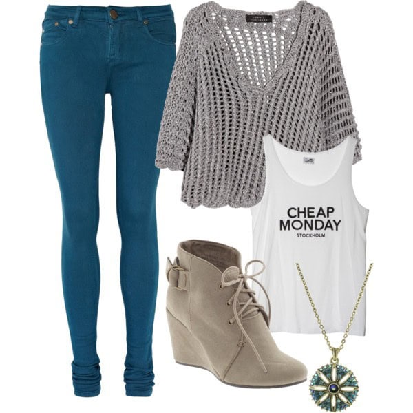 Graphic tank, crochet sweater and colored skinny jeans