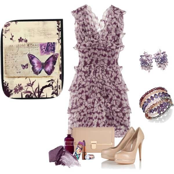 Silk printed ruffled sleeveless dress and nude accessories