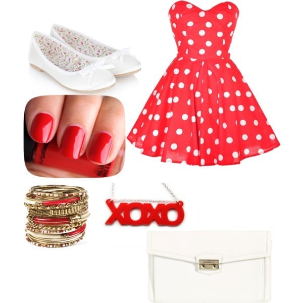 Red-and-white polka dot halter dress with white clutch