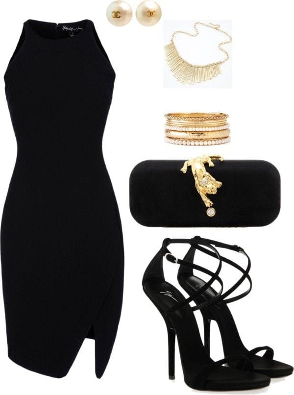 Black halter dress with pearl and gold accessories