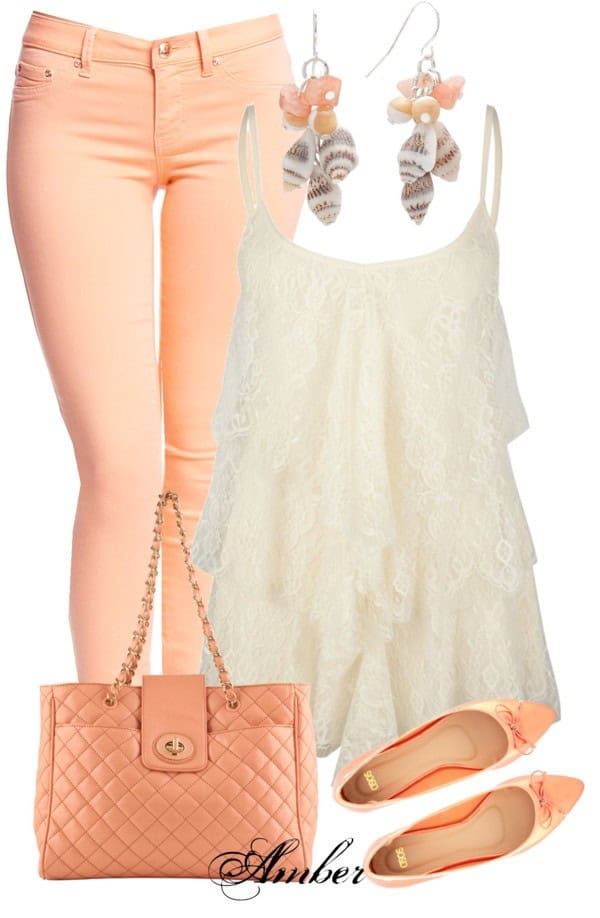 White lace tank and orange skinny jeans