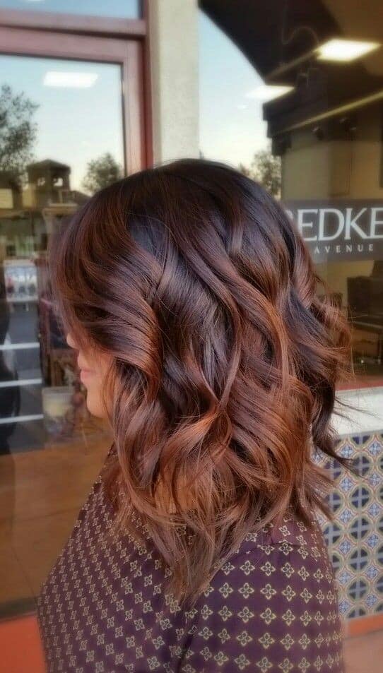 Brown and Red Graduated Long Bob – layered balayage shoulder length hair