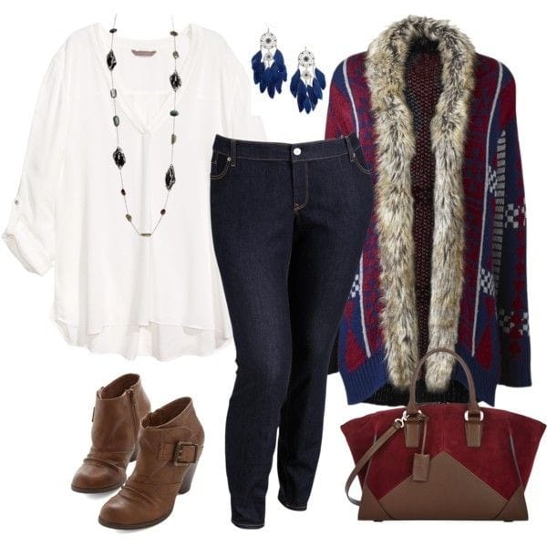 Aztec-theme winter wear with long fur-trimmed sweater