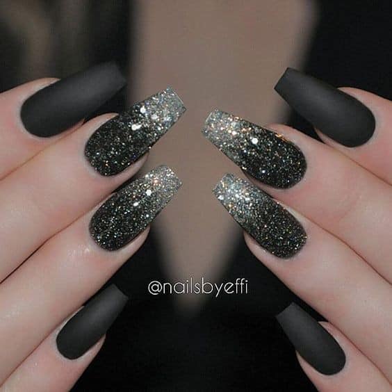 Matte Black Glitter Nail Art Design