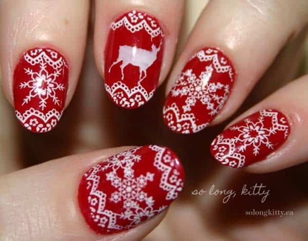 Stylish Elk and Flake Nail Design for Christmas