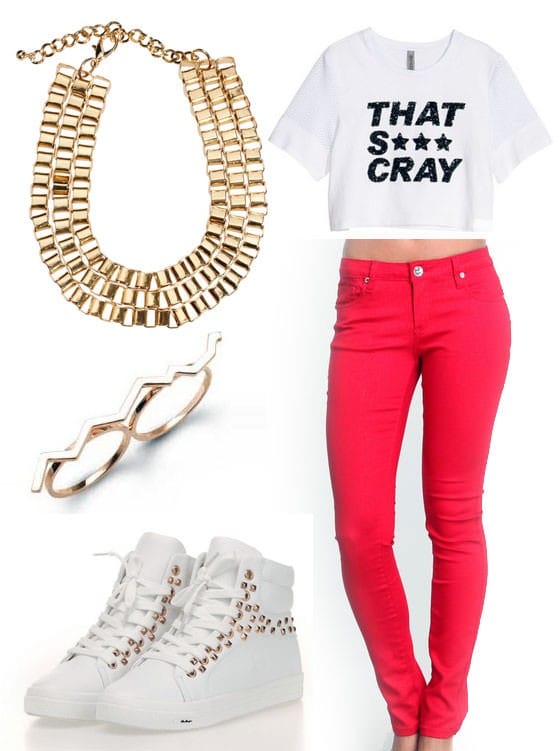 White graphic T-shirt and red skinny jeans