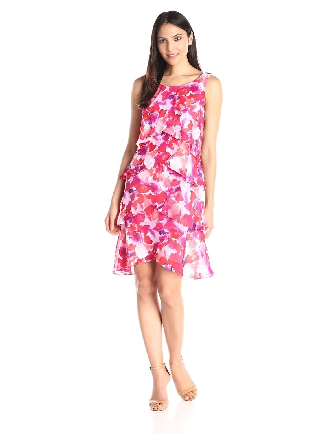 S.L. Fashions Women’s Red Floral Tiered Chiffon Dress