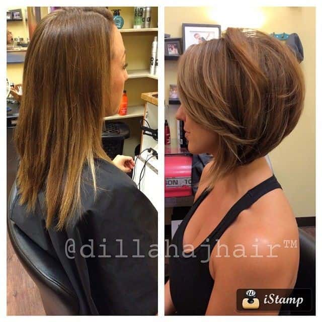 Caramel-colored A-line short bob with long bangs and sides