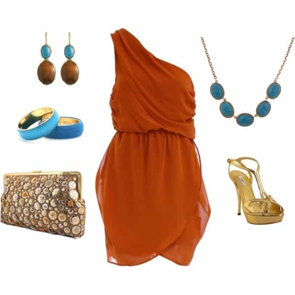 Orange one-strap mini dress and colorful accessories