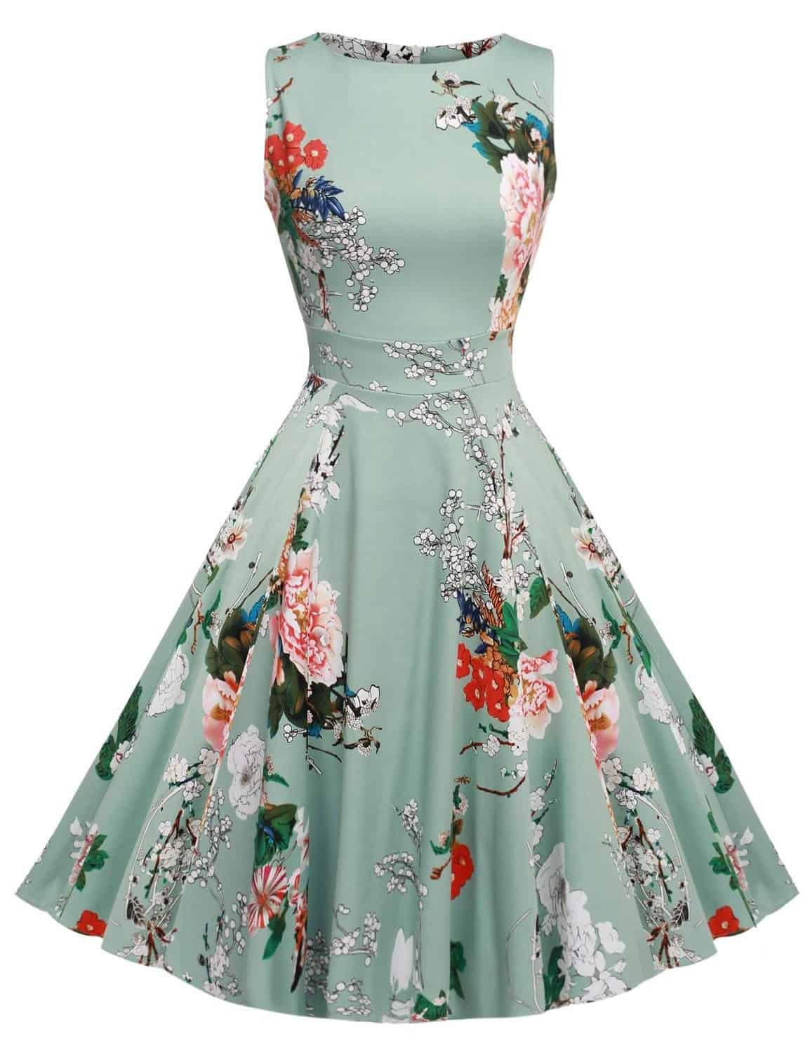 ACEVOG Vintage 1950’s Floral Spring Garden Party Picnic Dress Party Cocktail Dress