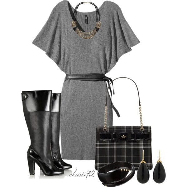 Stormy weather short wide-sleeve knit dress with plaid purse