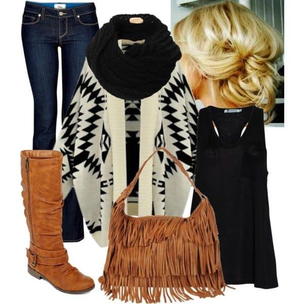 Black and white Aztec sweater with light brown boots and matching fringe purse