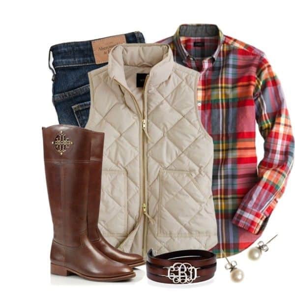 Plaid top and white quilted vest