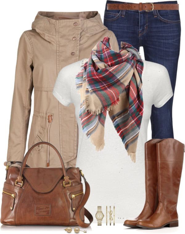 Solid T-shirt, jeans and plaid scarf