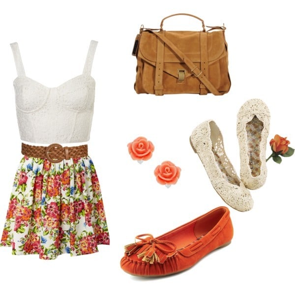 Crochet bustier, floral mini skirt and crochet flats