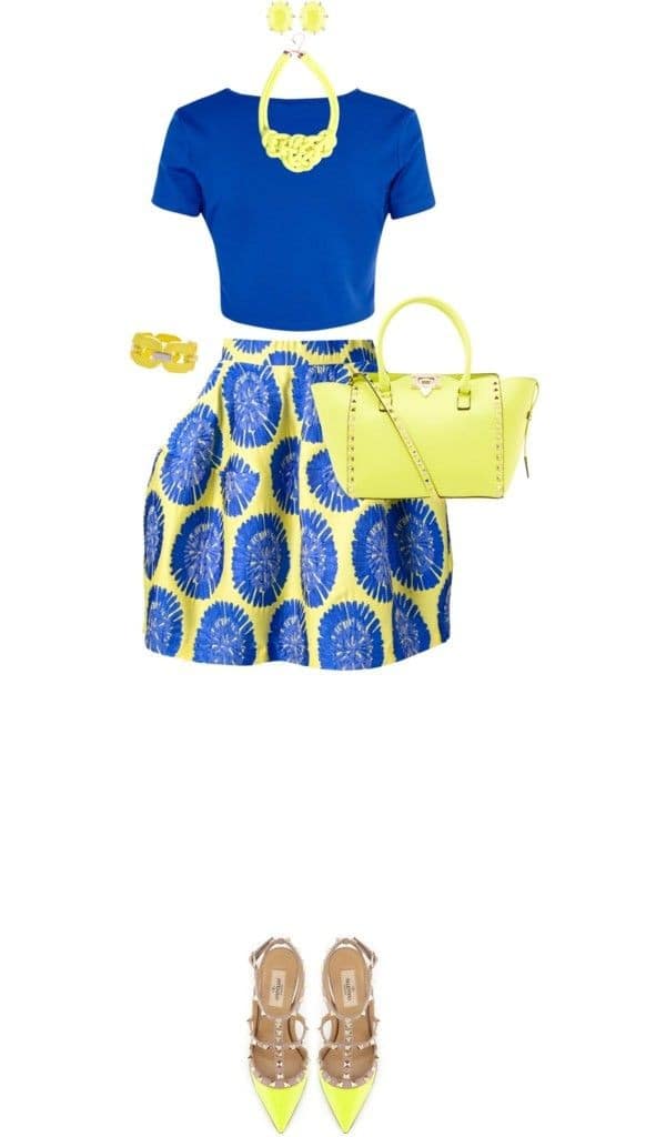 Solid midi top and printed pleated skirt