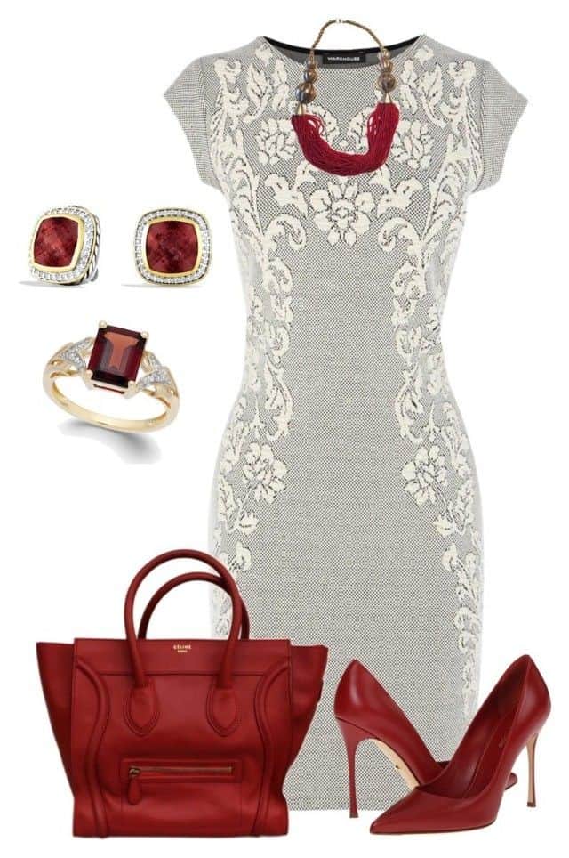 Fitted grey embroidered dress with red jewelry, purse and pumps