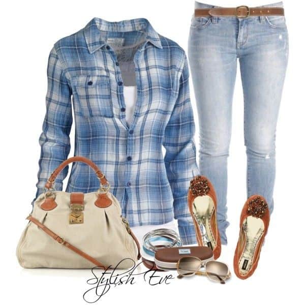 Baby blue plaid shirt and distressed jeans