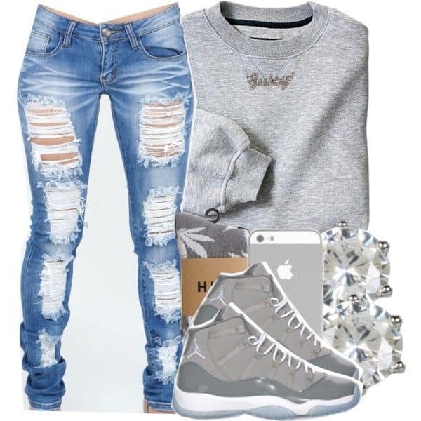 Ripped jeans, sweatshirt and high tops