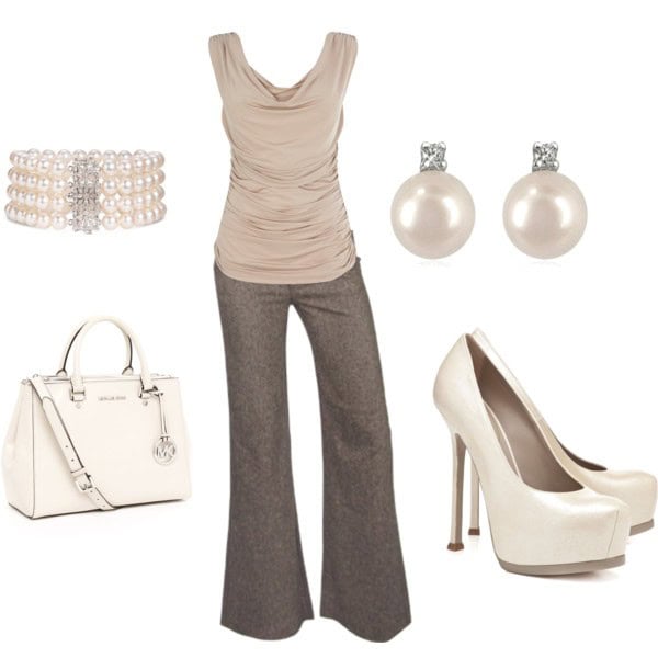 Taupe sleeveless top and grey flare pants