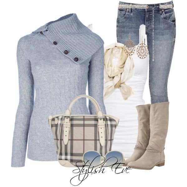 Baby blue sweater, jeans and taupe boots