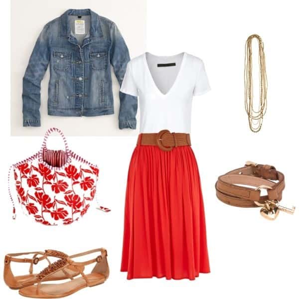 White V-neck T-shirt, red skirt and denim jacket