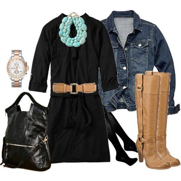 Black mini dress, jean jacket and tan walking boots