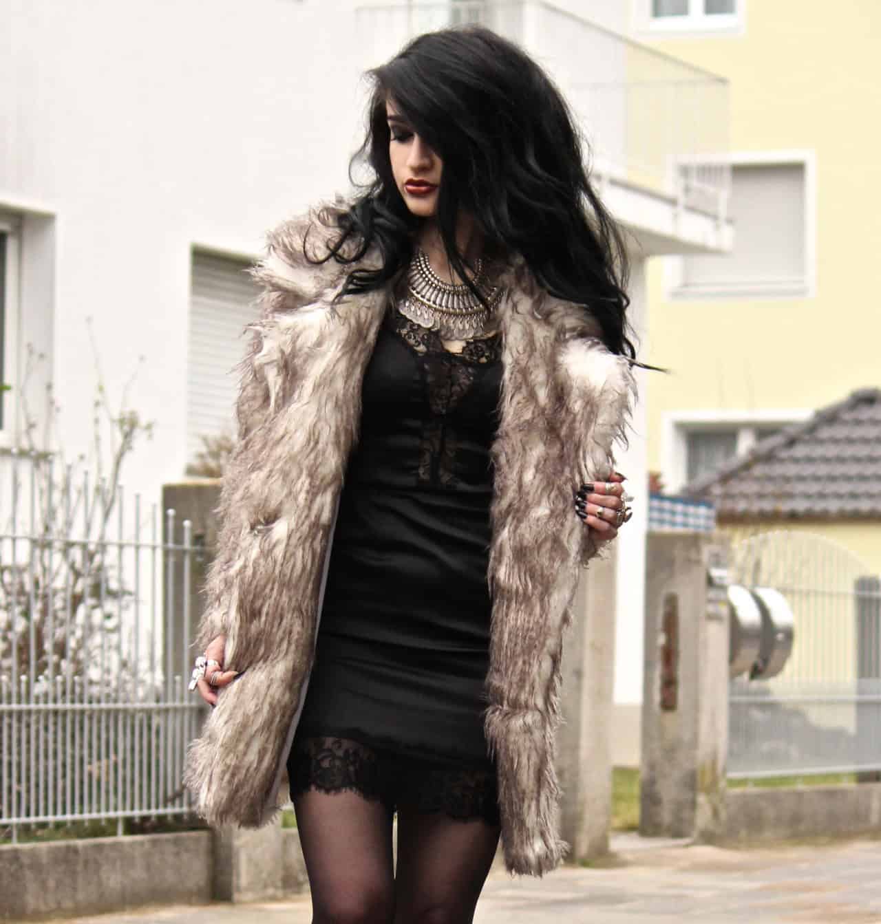 Slip dress and fur coat