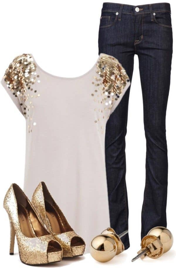 Gold beaded top and dark denim boot-cut jeans