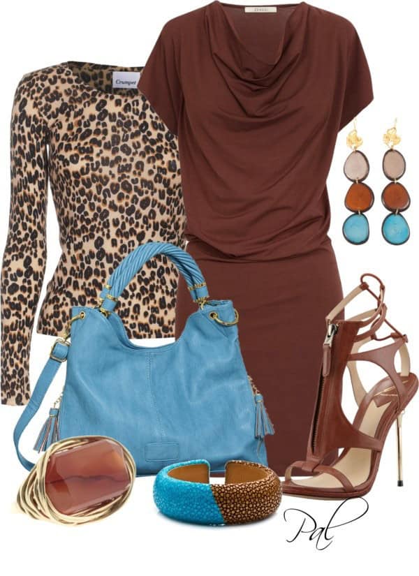 Brown dress with animal print cardigan